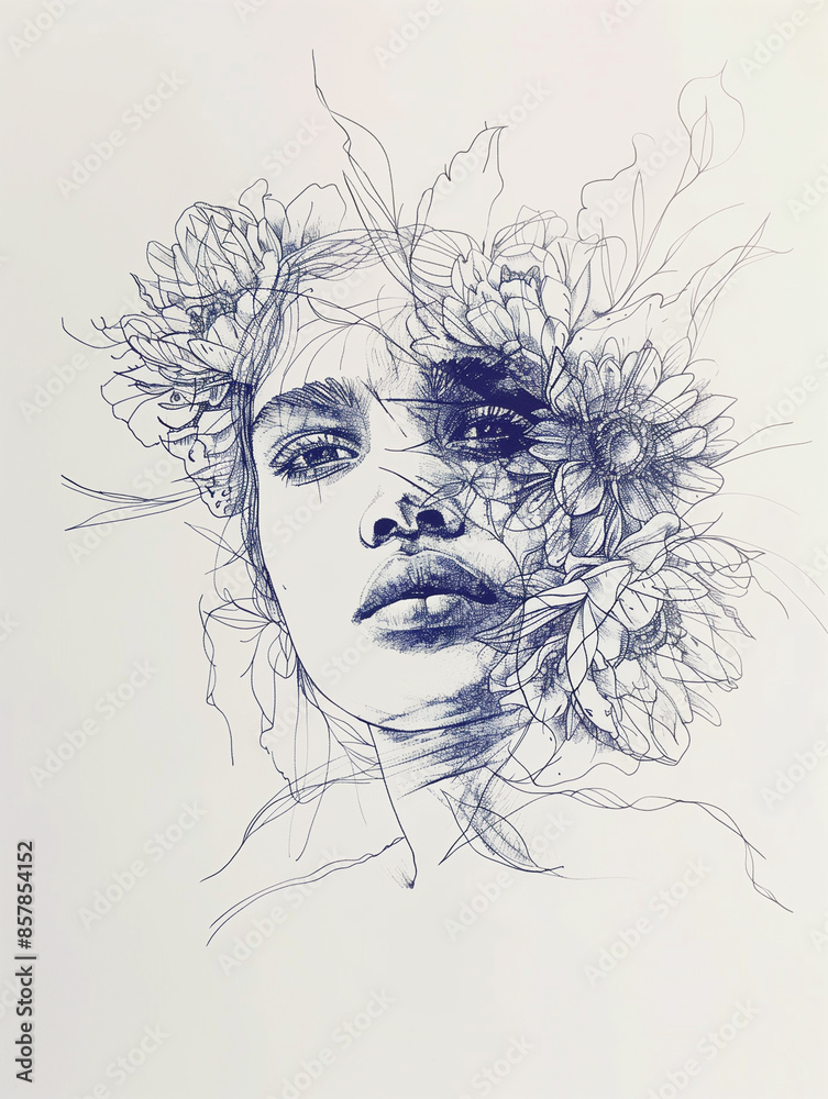 Abstract art with portrait of a woman with flower wreath hairstyle. Psychology theme, thinking positive, having good thoughts in mind. Abstract art with portrait of a woman with flower wreath hairstyle. Psychology theme, thinking positive, having good thoughts in mind.
