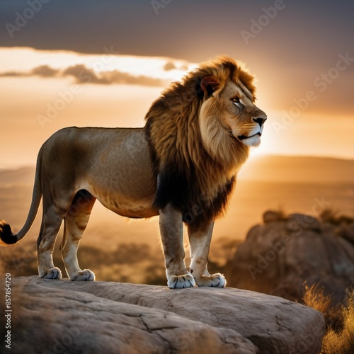 A majestic lion standing on a rocky outcrop, surveying the savannah at sunrise. His golden mane is illuminated by the early morning light, and his powerful presence exudes a sense of regality.