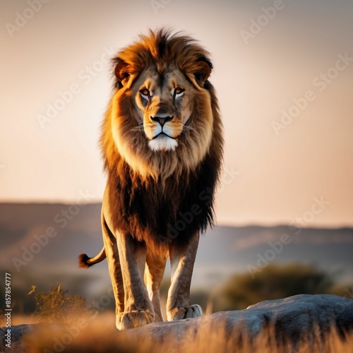 A majestic lion standing on a rocky outcrop, surveying the savannah at sunrise. His golden mane is illuminated by the early morning light, and his powerful presence exudes a sense of regality. photo