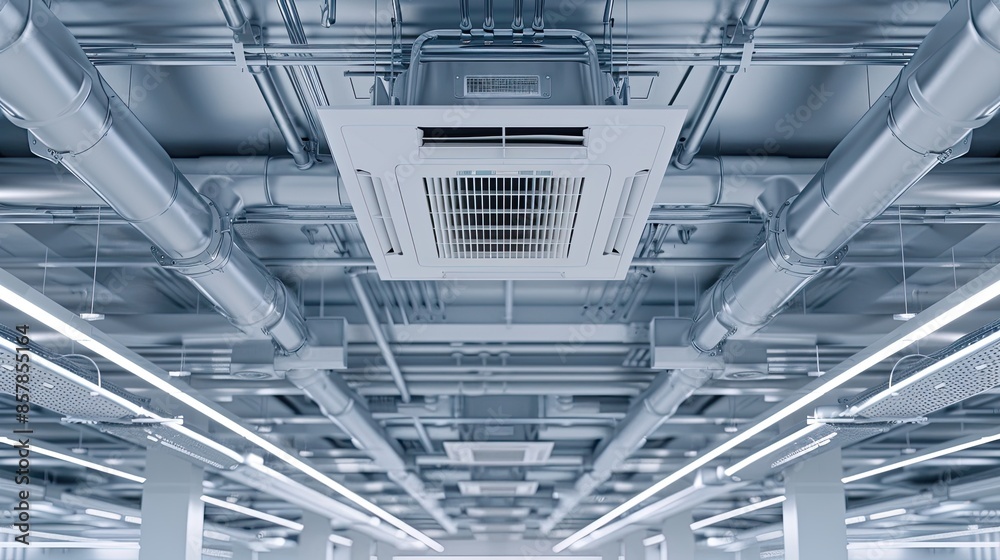 A modern building interior with an air conditioning unit mounted on the ceiling and exposed ductwork A modern building interior with an air conditioning unit mounted on the ceiling and exposed ductwork