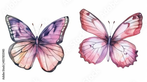 Hand drawn vintage botanical illustration of two watercolor butterflies on white background. © Bundi