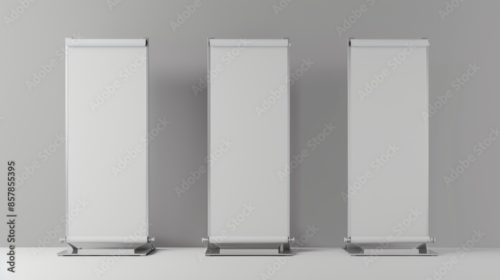 Roll-up banner mockup, front and side view, 3D render. White board display for exhibition or promotional presentation. Roll-up banner mockup, front and side view, 3D render. White board display for exhibition or promotional presentation.