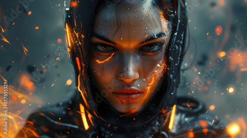 Cunning Midnight-Black Cyborg Assassin in Tactical Attire,Focused Determination Mirrored in Water Surrounded by Flames and Electric Discharges