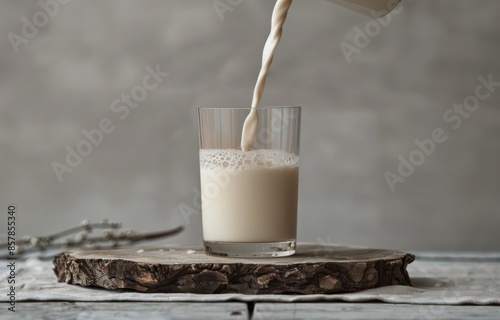 Milk Pouring Into A Glass With Splash on Wooden Cutting Board