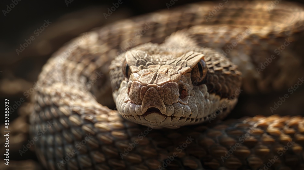 Close-up shot of a coiled rattlesnake with intricate scale patterns, highlighting its detailed texture and intense gaze. Close-up shot of a coiled rattlesnake with intricate scale patterns, highlighting its detailed texture and intense gaze.
