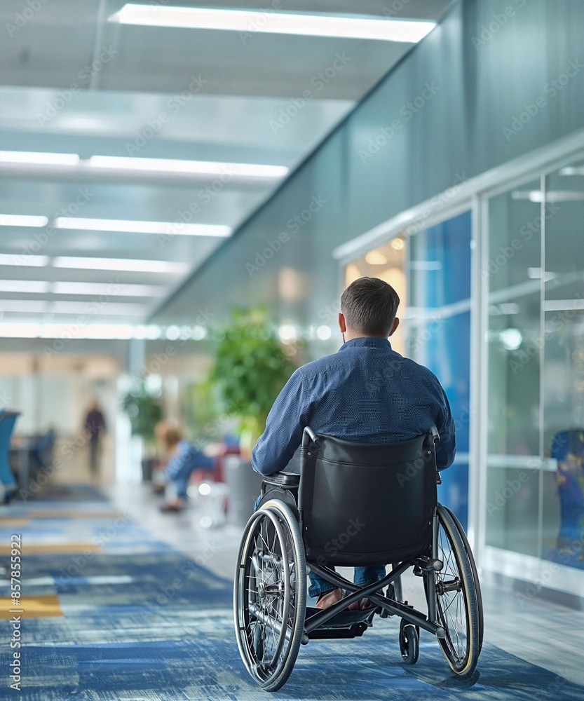 A disabled employee man in a wheelchair working with coworkers in an office. A disabled employee man in a wheelchair working with coworkers in an office.