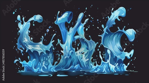Water splashes, falling drops, waves, spills, and crown shape isolated over blue background, modern cartoon. photo