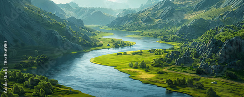 A winding river snaking its way through a valley, its waters reflecting the surrounding mountains.