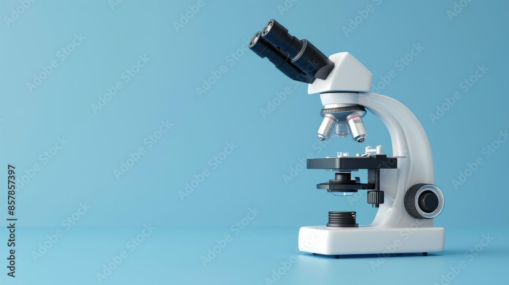 Science or medical microscope. 3d optical instrument for chemistry, biology, education, and medicine. White microscope against blue background. Modern illustration. Science or medical microscope. 3d optical instrument for chemistry, biology, education, and medicine. White microscope against blue background. Modern illustration.
