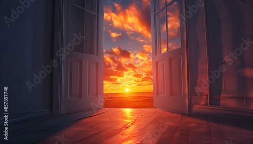 Beautiful sunset sky visible through open door