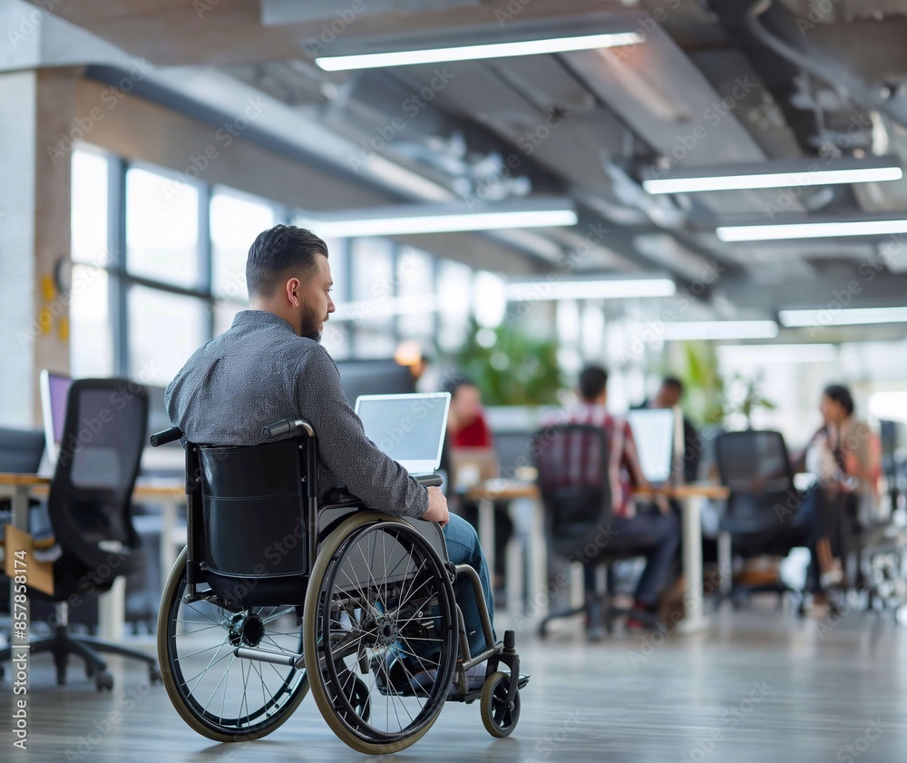 A disabled employee man in a wheelchair working with coworkers in an office. A disabled employee man in a wheelchair working with coworkers in an office.