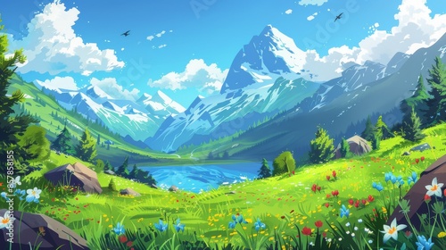 Illustration of a cartoon mountain landscape with a lake in spring valley, a footpath on green hills, rocks with glaciers, snow on slopes and a blue sunny sky in the background.