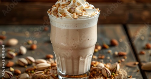 Creamy Nutty Latte With Whipped Cream and Toasted Pecans on Wooden Table