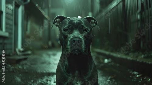 Muscular American Pit Bull Terrier in Cinematic Dystopian Neon-Lit Alleyway photo