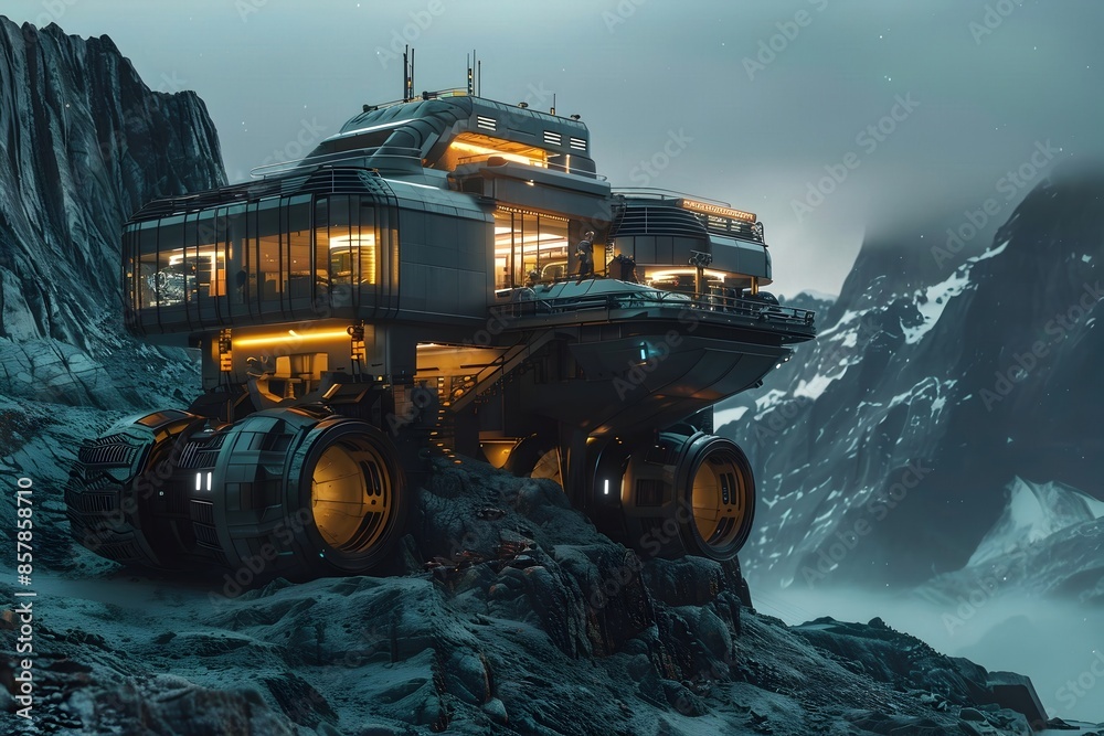 Nighttime Technological Headquarters Amid Rugged Mountain Landscapes with Cutting-Edge Robotic Systems Nighttime Technological Headquarters Amid Rugged Mountain Landscapes with Cutting-Edge Robotic Systems