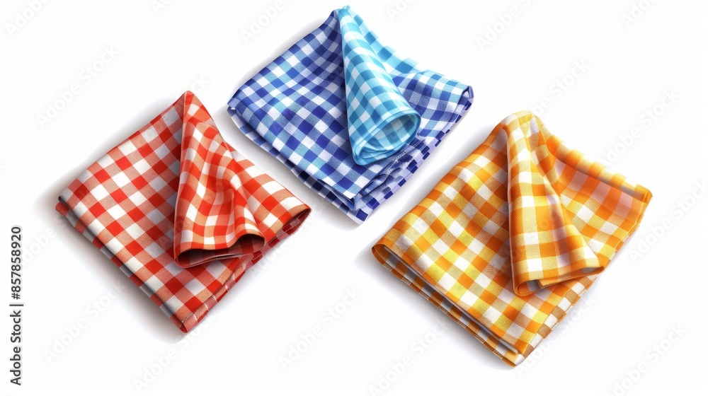 Obraz premium Top view of gingham tablecloths and white kitchen towels with plaid pattern. Modern realistic set of 3d folded tablecloths with plaid pattern and linen napkins isolated on white.