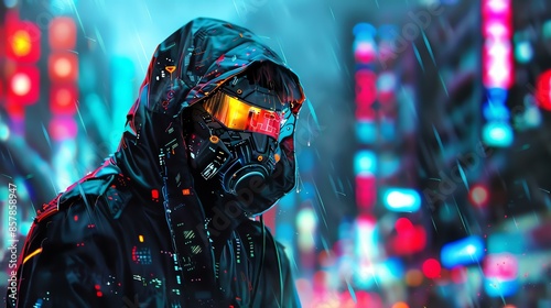 A mysterious figure wearing a futuristic mask and hood stands in the rain.