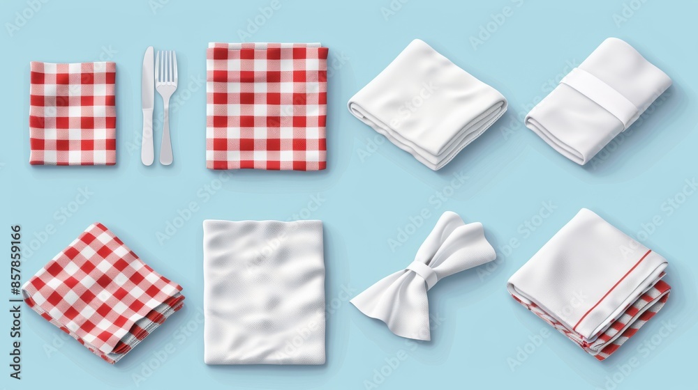 Kitchen towels set isolated on white background. Modern illustration of striped, checkered and folded white linen. Kitchen towels set isolated on white background. Modern illustration of striped, checkered and folded white linen.