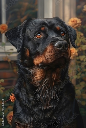 Powerful Rottweiler with Discerning Gaze Guarding a Tranquil Suburban Porch in Romantic Realism Style