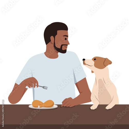 Smiling man giving food chicken drum to excited dog. Flat vector illustration isolated on white background