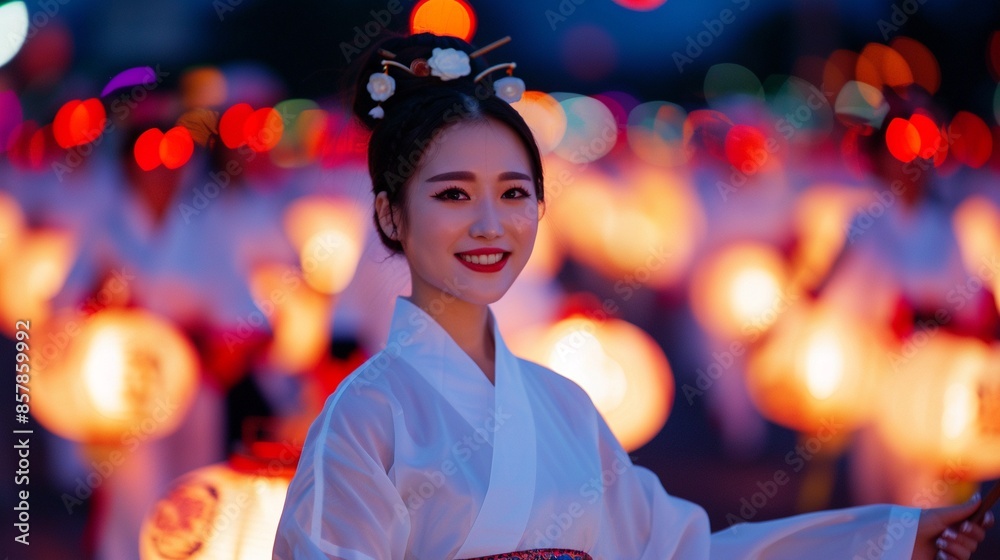 Moon Festival parade with people dressed as Change and the Jade Rabbit, vibrant costumes and lanterns, telling the folklore through performance Moon Festival parade with people dressed as Change and the Jade Rabbit, vibrant costumes and lanterns, telling the folklore through performance
