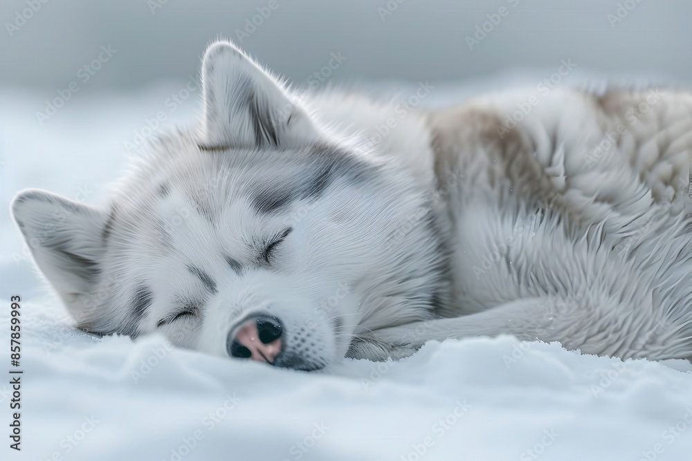 Obraz premium Resting Siberian Husky in Tranquil Snow Landscape with Serene Gaze and Intricate Fur Patterns