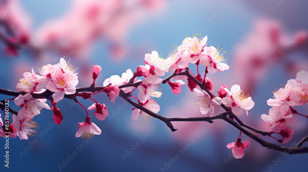 Obraz premium Pink cherry blossom in spring. Beautiful blossoming pink sakura flowers on branches.