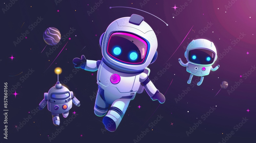 Floating in outer space are a little astronaut in a costume with a helmet and a cute cosmonaut robot. This cartoon modern illustration shows the little astronaut with his robotic assistant or friend Floating in outer space are a little astronaut in a costume with a helmet and a cute cosmonaut robot. This cartoon modern illustration shows the little astronaut with his robotic assistant or friend