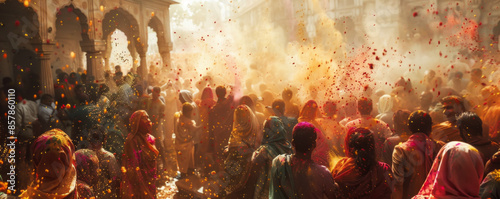 A Hindu Holi festival with people throwing colored powder and water at each other, celebrating the triumph of good over evil and the arrival of spring. photo