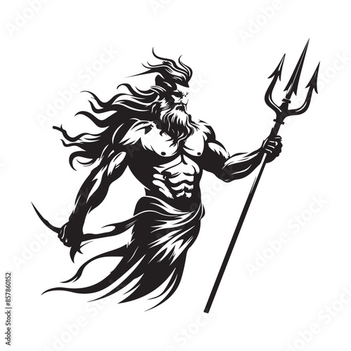 Poseidon Greek God, Aiming Trident Attack, Shadowed Illustration Stock Vector