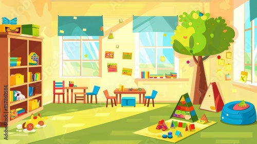Kids classroom or nursery with toy background. Kindergarten house chaos interior illustration. Tv, desk and chair kindergarten furniture set.