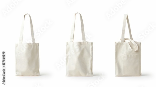 An illustration of reusable cotton eco bags, fabric totes with handles for shopping. Modern realistic rendering of blank canvas packages for fruits and vegetables, textile reusable ecobags isolated photo