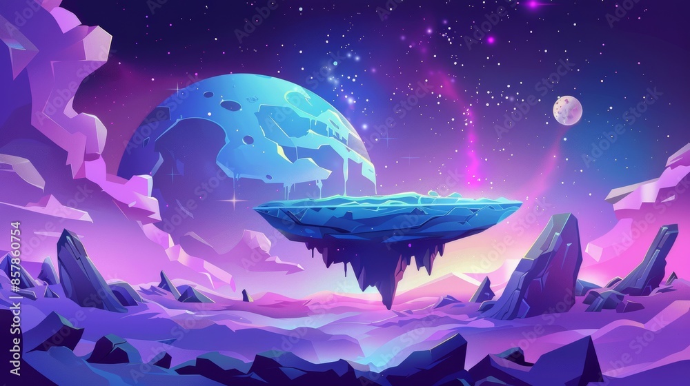 A landscape depicting an alien planet with craters and cracks. Modern ...