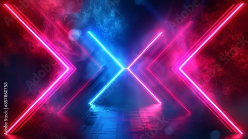 This modern illustration depicts an abstract neon arch illumination glowing on dark stage, a laser beam corridor for nightclub decoration, futuristic cyber space.