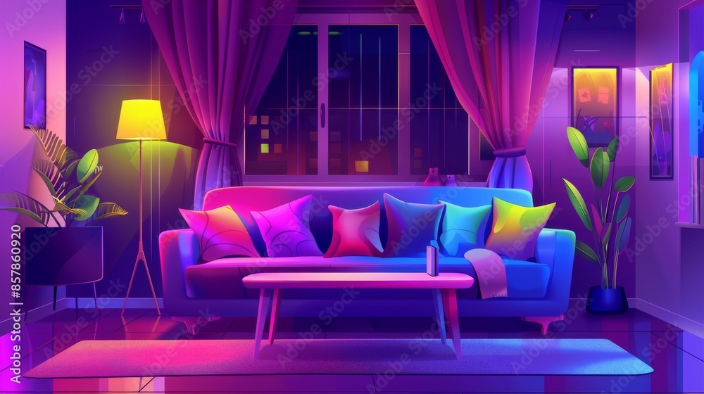 Modern couch in flat lounge area with hanging curtain and flower in pot on table near window. Scandinavian livingroom cartoon background. Modern couch in flat lounge area with hanging curtain and flower in pot on table near window. Scandinavian livingroom cartoon background.
