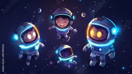 Cartoon kid astronaut with robot in space. Child cosmonaut floating in universe with AI character pal and galaxy wheel cyborg. Happy smiling assistant baby bot and toddler concept. © Bundi