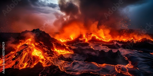 Devastating volcanic eruption unleashes rivers of lava. Concept Natural Disasters, Volcanic Eruption, Lava Rivers, Catastrophic Events, Geothermal Activity