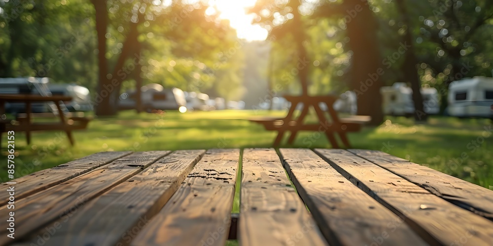 Wooden Table in Outdoor Setting with Camper Trailers and Grass. Concept Outdoor Photoshoot, Nature Photography, Camping Themes, Woodland Decor, Outdoor Lifestyle Wooden Table in Outdoor Setting with Camper Trailers and Grass. Concept Outdoor Photoshoot, Nature Photography, Camping Themes, Woodland Decor, Outdoor Lifestyle