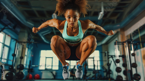 An athlete in a gym mid-jump, surrounded by equipment, showcasing privacy-respected action, fitness dedication, and dynamic movement in a workout setting.

