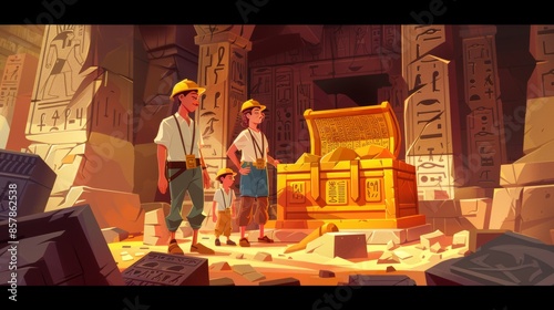 Egyptian temple room with bandaged mummy rising from tomb. Cartoon modern scary scene with Egypt pharaoh zombie in sarcophagus.