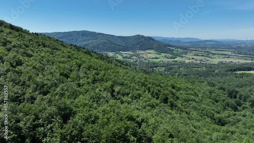 Drone view in Beskid mountains, Blatnia. Summer green forest on Blatnia. Beskid mountains in Jaworze. Drone fly above green mountains in summer. Polish green mountains and hills aerial drone photo photo