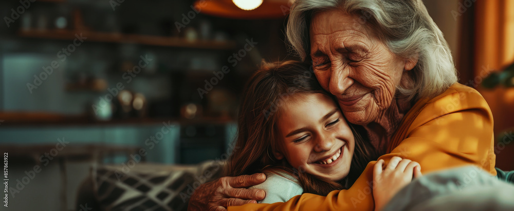 Obraz premium happy young girl hugging her grandmother at home, an emotional moment of love and connection between generations. With copy space