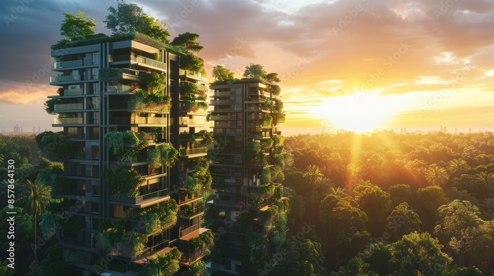 Obraz premium The creation of an eco-friendly village that is connected to the public by parks and green corridors