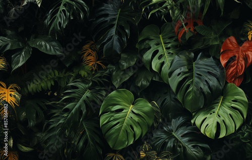 Close-up of Lush Tropical Plants 3D Illustration. Large, green monstera leaves against a dark background. Surrounding the monstera are other tropical plants like Swiss cheese plant and Philodendron photo