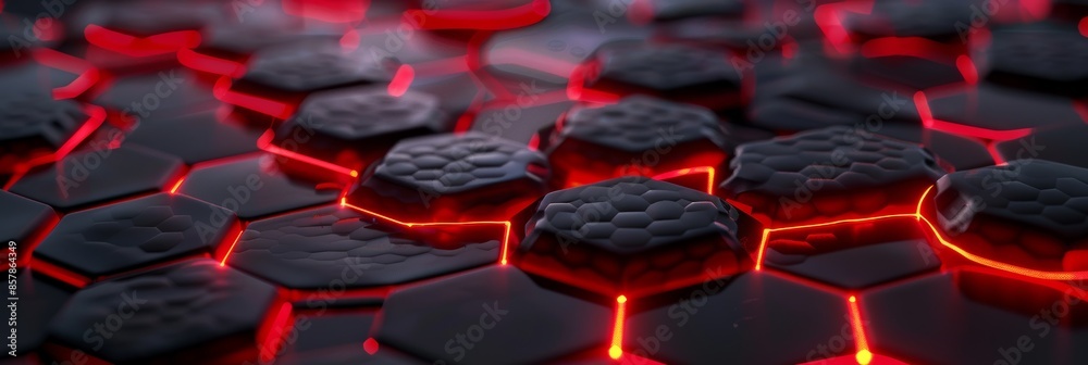 Fototapeta premium The futuristic technology interface is red with hexagons and blurred bokeh