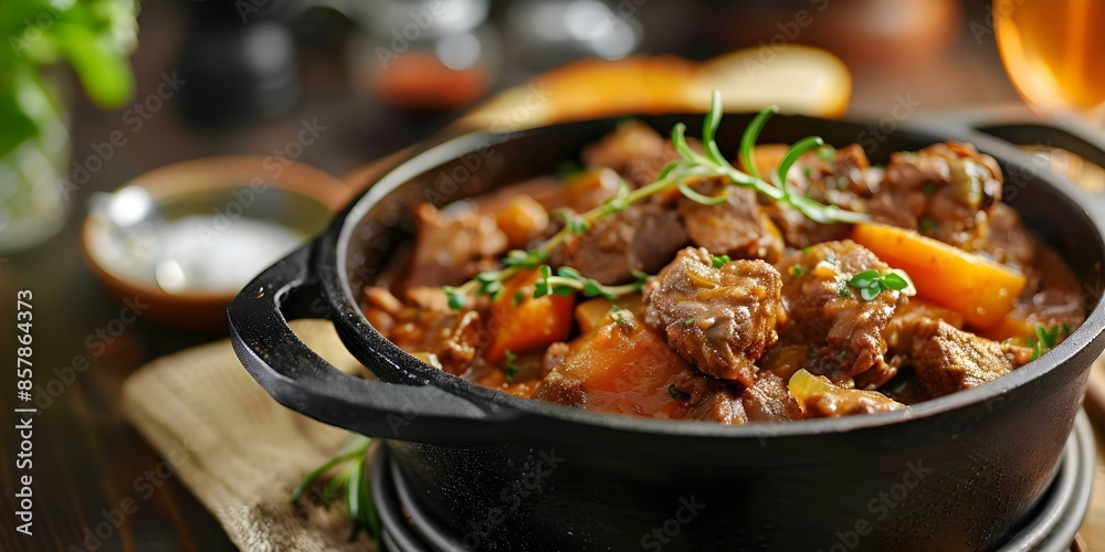 Irish Pub Vibes Enjoy Hearty Lamb Stew in a Cast Iron Pot. Concept Irish Pub, Hearty Lamb Stew, Cast Iron Pot, Traditional Flavors, Cozy Atmosphere Irish Pub Vibes Enjoy Hearty Lamb Stew in a Cast Iron Pot. Concept Irish Pub, Hearty Lamb Stew, Cast Iron Pot, Traditional Flavors, Cozy Atmosphere