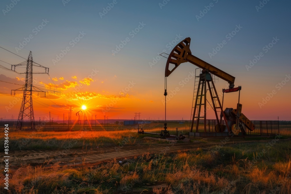 As the sun sets, a pumpjack with electricity pylons and power lines are passing between the posts, symbolizing the transition from one form of energy to another. As the sun sets, a pumpjack with electricity pylons and power lines are passing between the posts, symbolizing the transition from one form of energy to another.