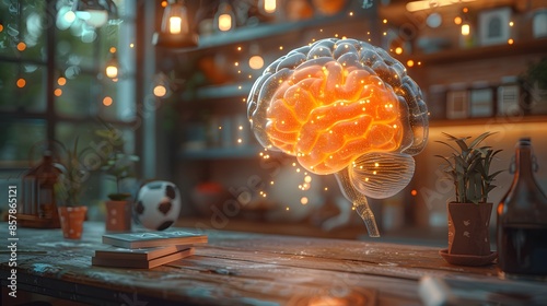 Infographic Brainstorm, Write a funny story about a brain that generates infographics for every thought. 3D render, clean environment