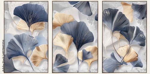 A set of paintings featuring blue and gold ginkgo leaves on a white background. photo