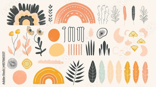 Set of modern design elements and illustrations in a simple linear style - boho arch logo design elements and frames for social media posts and stories